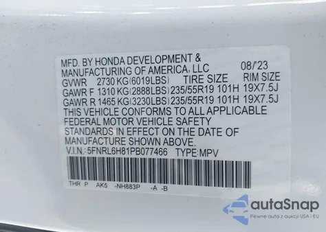 2023 Honda Odyssey Touring из США, поврежденный, VIN 5FNRL6H81PB077466